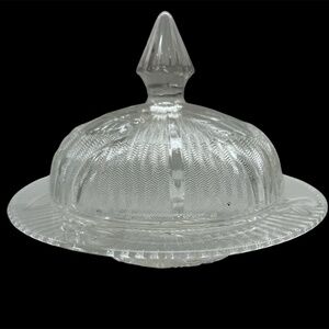 Vintage Jeannette Iris & Herringbone Round Covered Butter Dish, 1930's